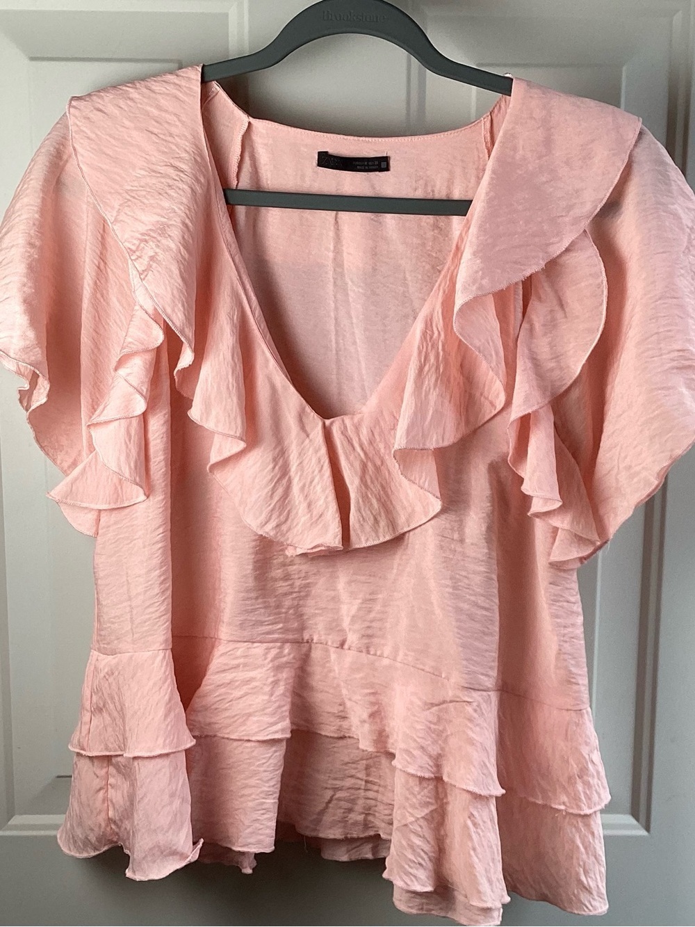 Zara Soft Blush Ruffle V-Neck Blouse feminine